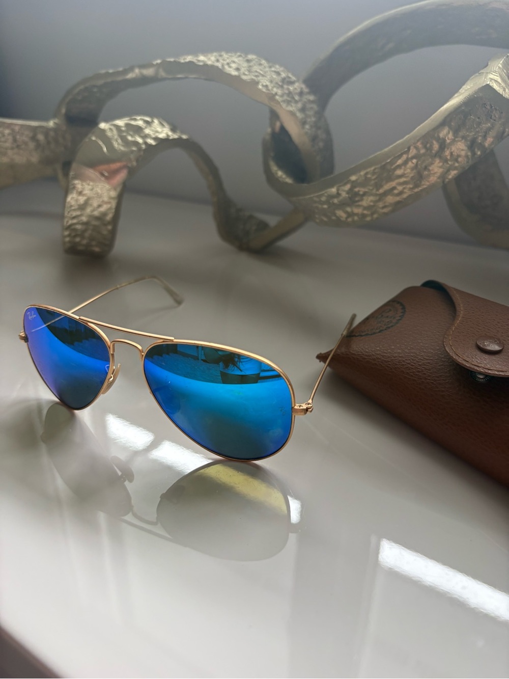 Ray-Ban Gold Frame Sunglasses with Blue Mirrored Lenses